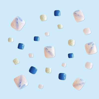 24 Pcs Short Square Press On Toenails - Blue/White Smudged, Gold Foil