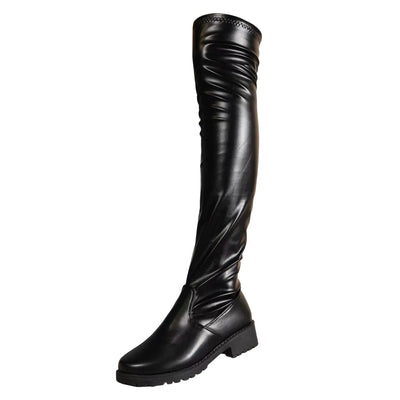 Chunky Heel Over-the-Knee Boots - Solid Color, Leather, Thigh High
