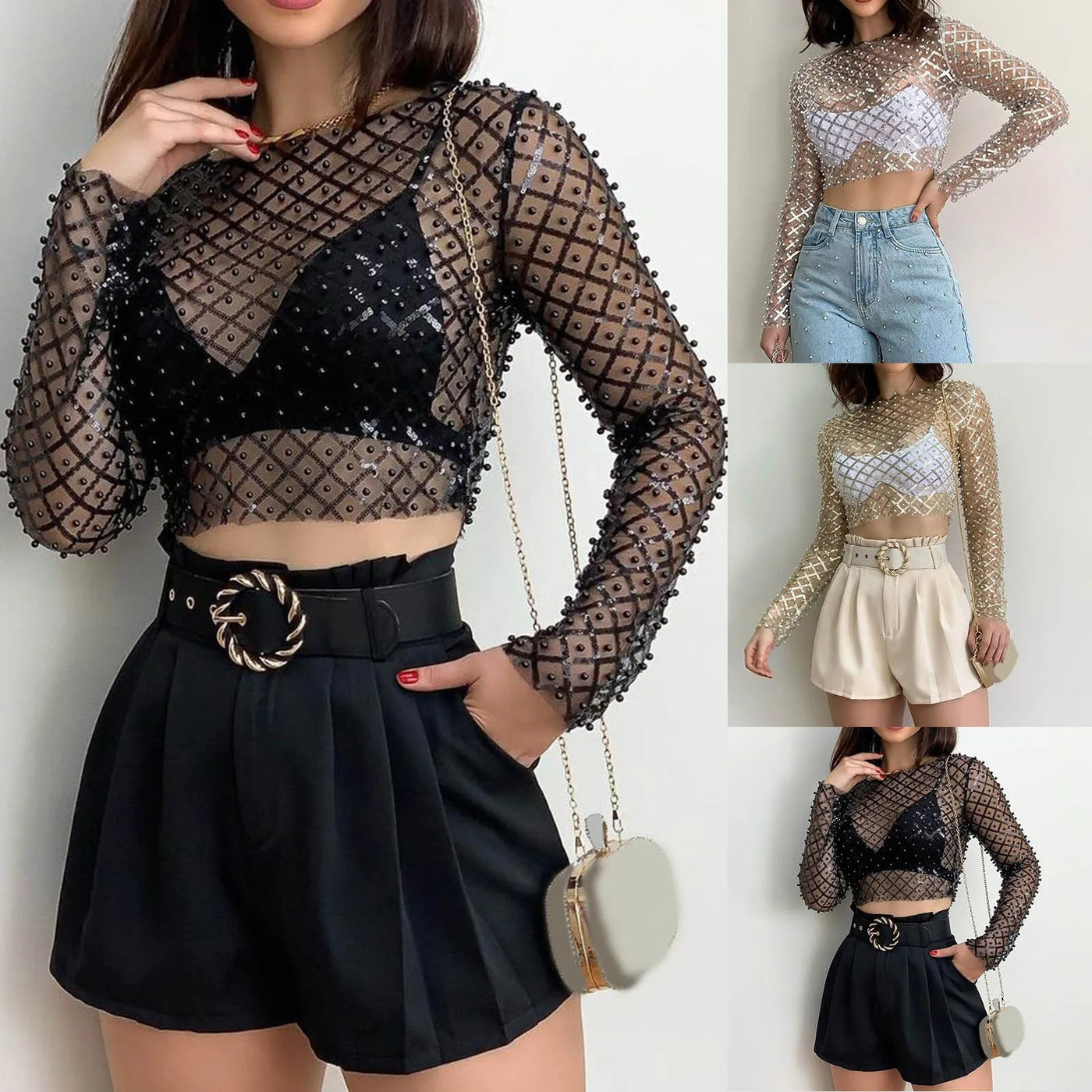 Sequin Mesh Cold Shoulder Blouse – Long Sleeve Casual Tunic Top