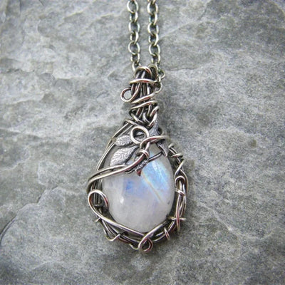 Moonstone Pendant Necklace - Boho, Geometric, Leaf/Rattan