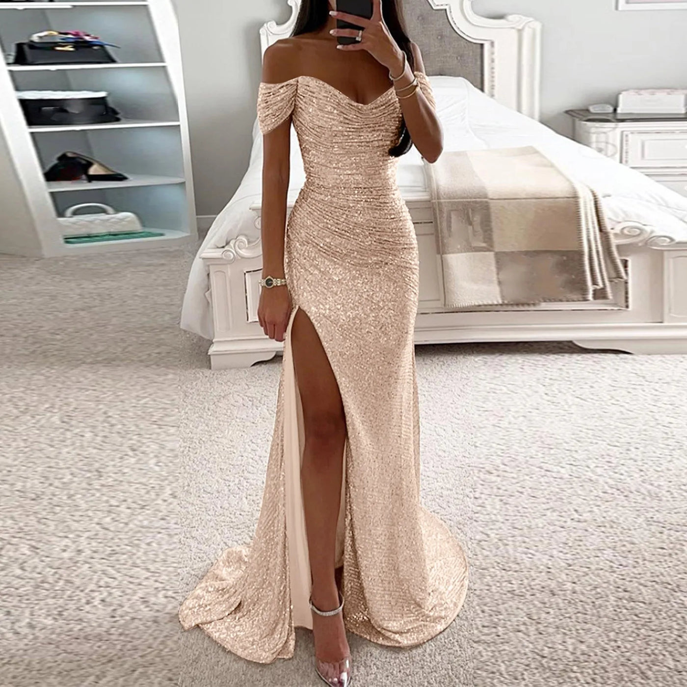 Sexy Sequin Evening Gown - V-Neck, Long, High Slit