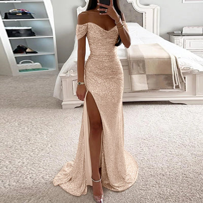 Sexy Sequin Evening Gown - V-Neck, Long, High Slit