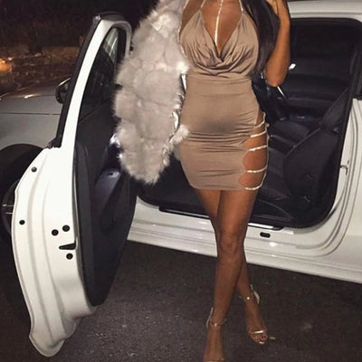 Sequin Deep V-Neck Mini Dress - Slit, Choker, Backless
