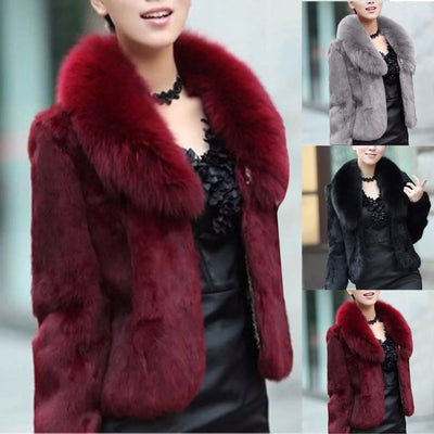 Elegant Faux Fur Coat - Long Sleeve, Turn-Down Neck, Winter Warm