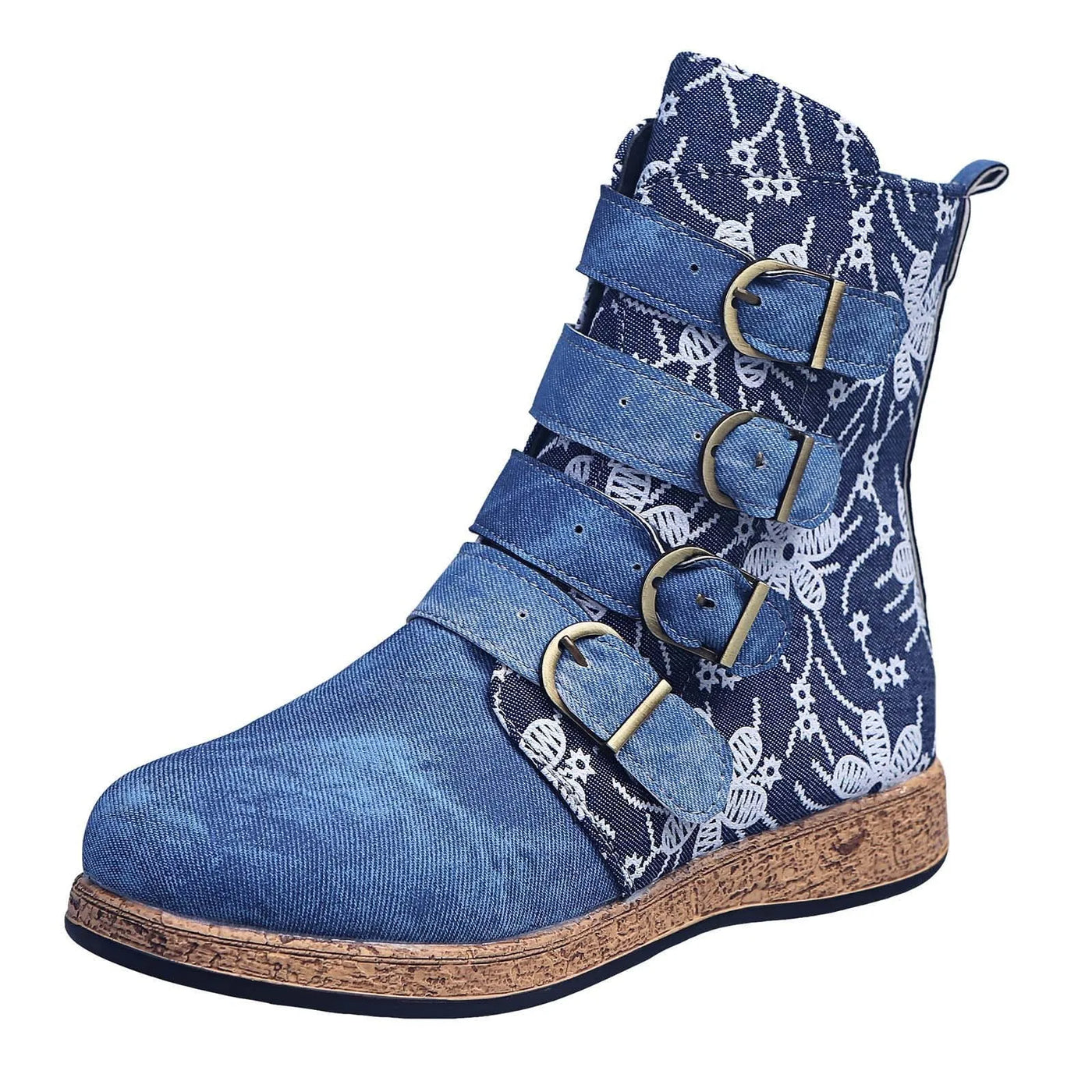 Flat Retro Round Toe Boots - Flower Embroidery, Zipper, French Style