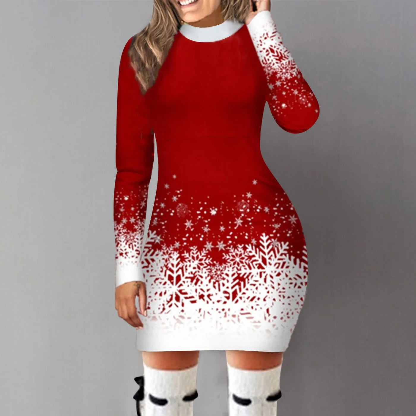 Snowflake Print Mini Dress - Long Sleeve, Round Neck, Elegant