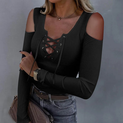 Cross Bandage Knit Blouse - Off Shoulder, Deep V-Neck, Long Sleeve