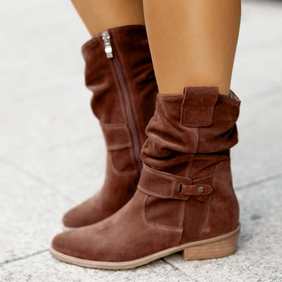 Suede Western Ankle Boots - High Heel, Side Zipper