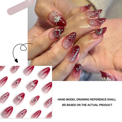 Almond Red Press-On Nails - Silver Spiderweb & Heart