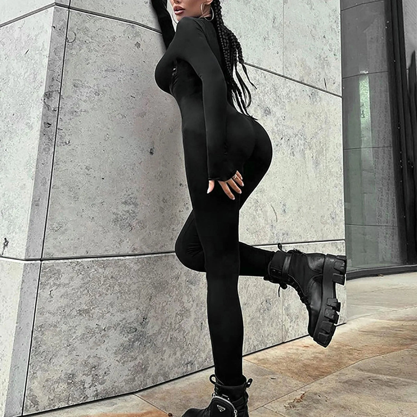 Bright Leather Splicing Jumpsuit - Long Sleeve, Zip, Sporty