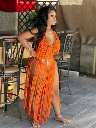 Knit Rib Tassel Romper - Fishnet Halter, Lace Up, See-Through