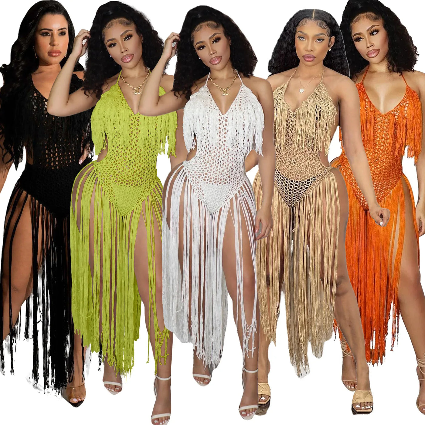 Knit Rib Tassel Romper - Fishnet Halter, Lace Up, See-Through