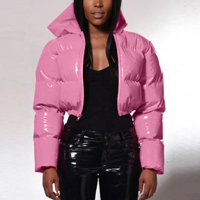 Cropped Puffer Jacket - Winter Warm, Hooded, Zipper