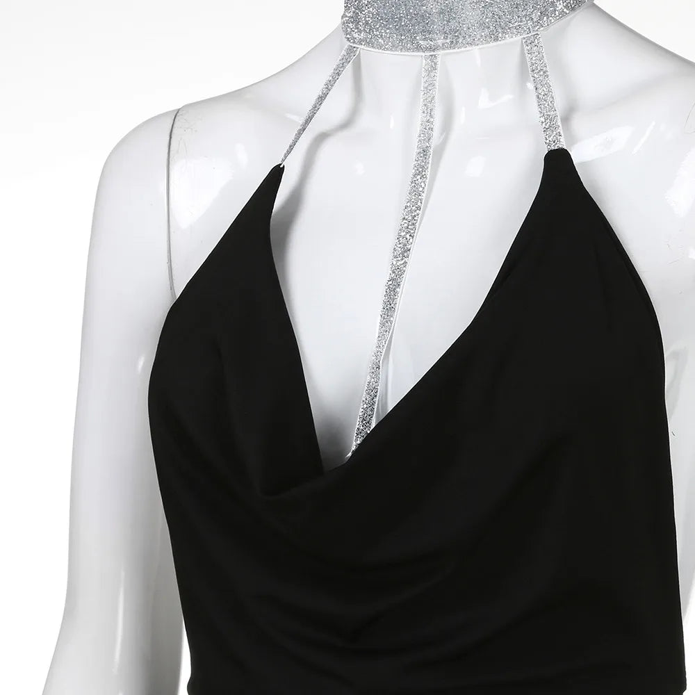 Sequin Deep V-Neck Mini Dress - Slit, Choker, Backless