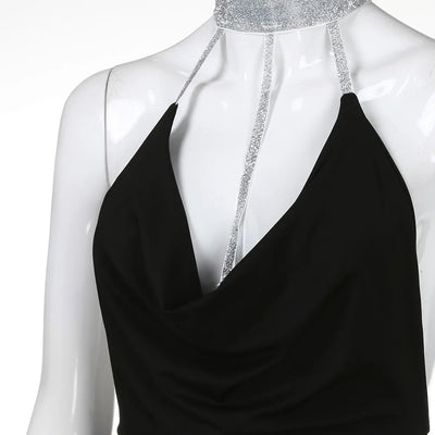 Sequin Deep V-Neck Mini Dress - Slit, Choker, Backless