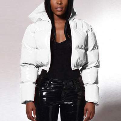 Cropped Puffer Jacket - Winter Warm, Hooded, Zipper