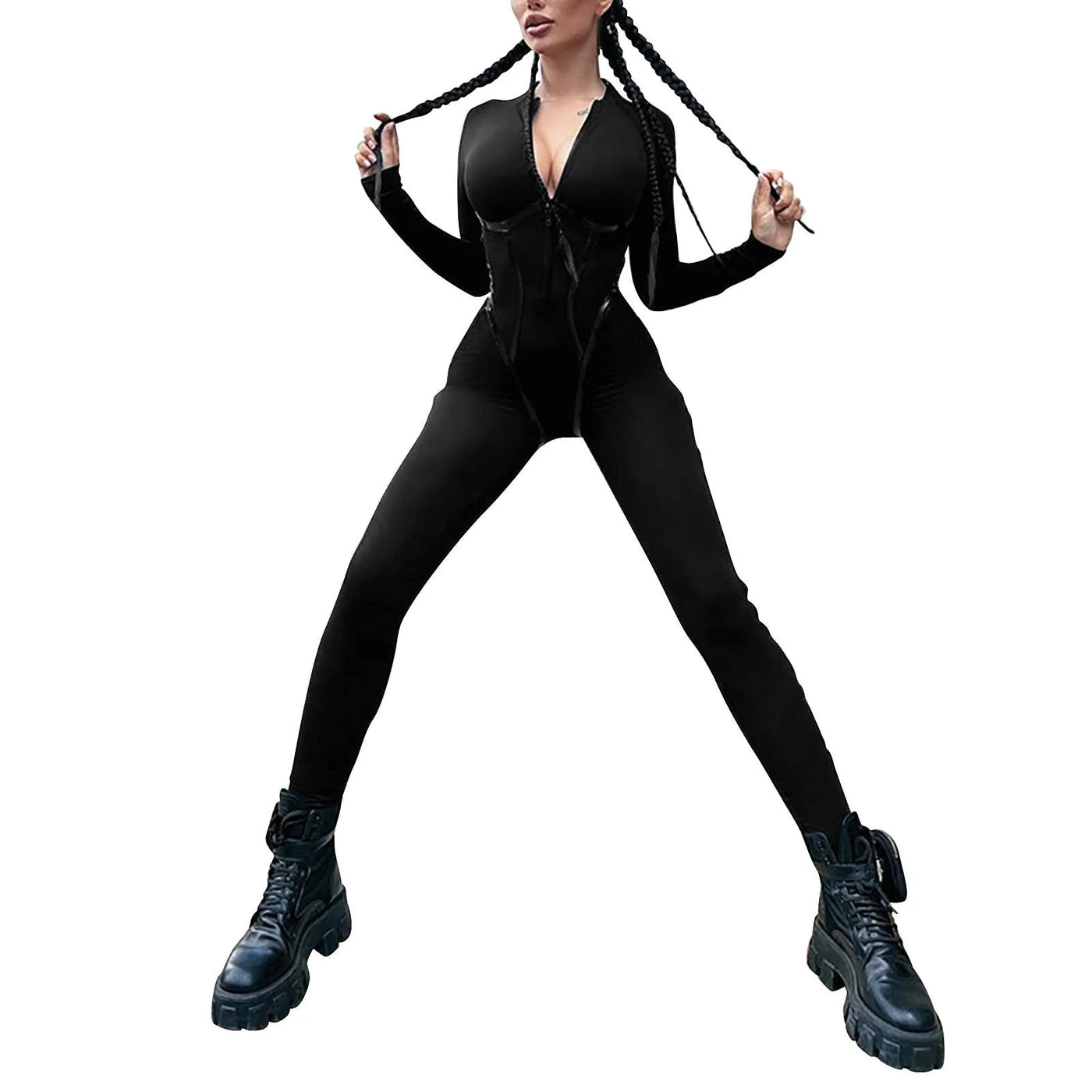 Bright Leather Splicing Jumpsuit - Long Sleeve, Zip, Sporty