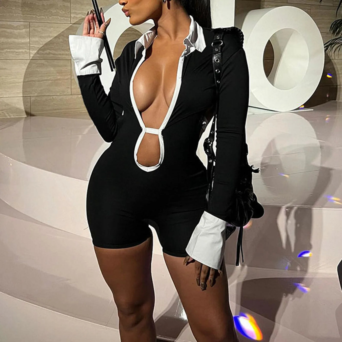 Black White Deep V Patchwork Jumpsuit