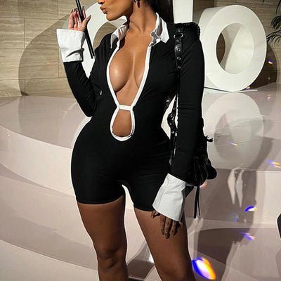 Black White Deep V Patchwork Jumpsuit