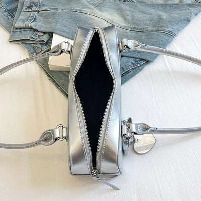 PU Leather Hobo Bag - Solid Color, Heart Pendant
