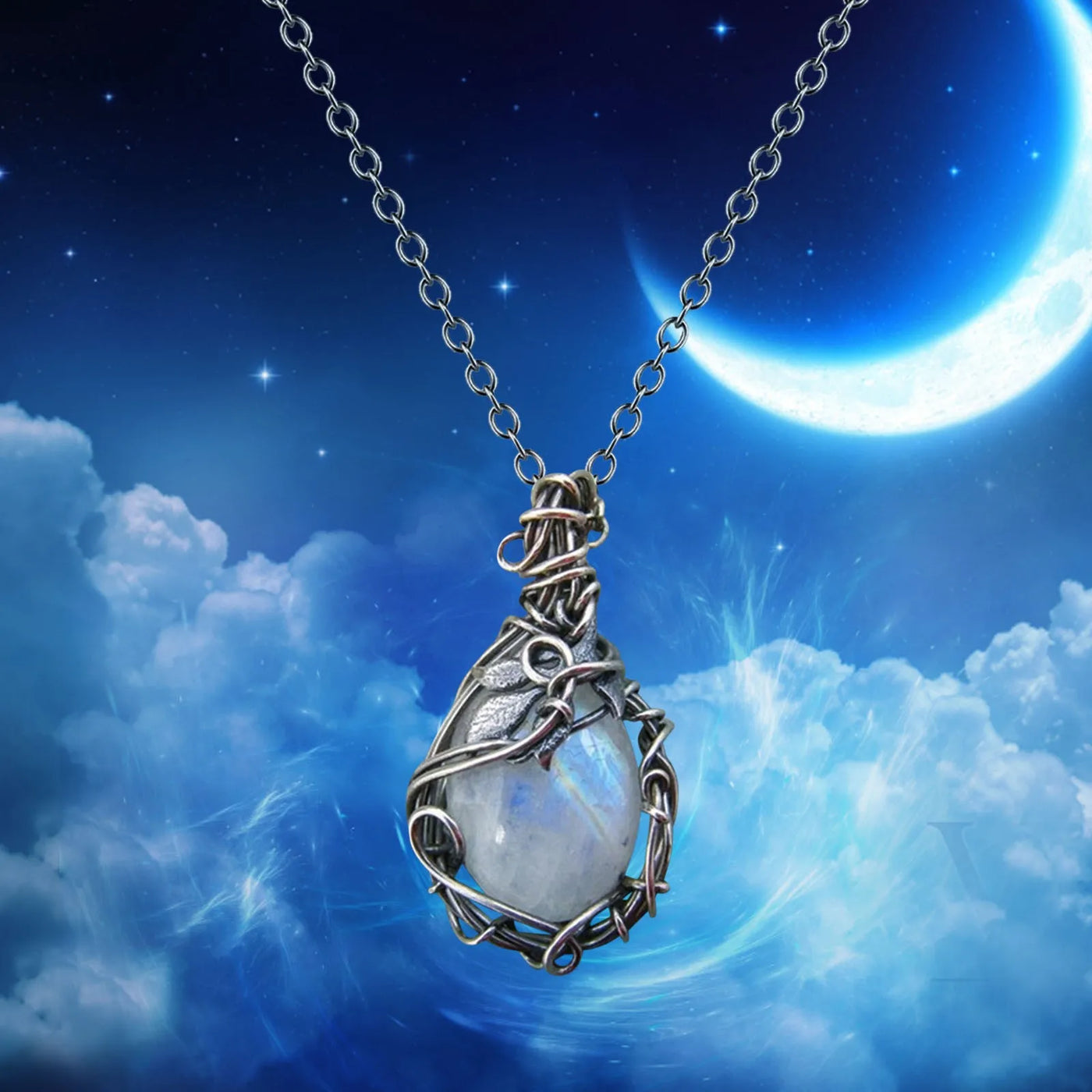 Moonstone Pendant Necklace - Boho, Geometric, Leaf/Rattan