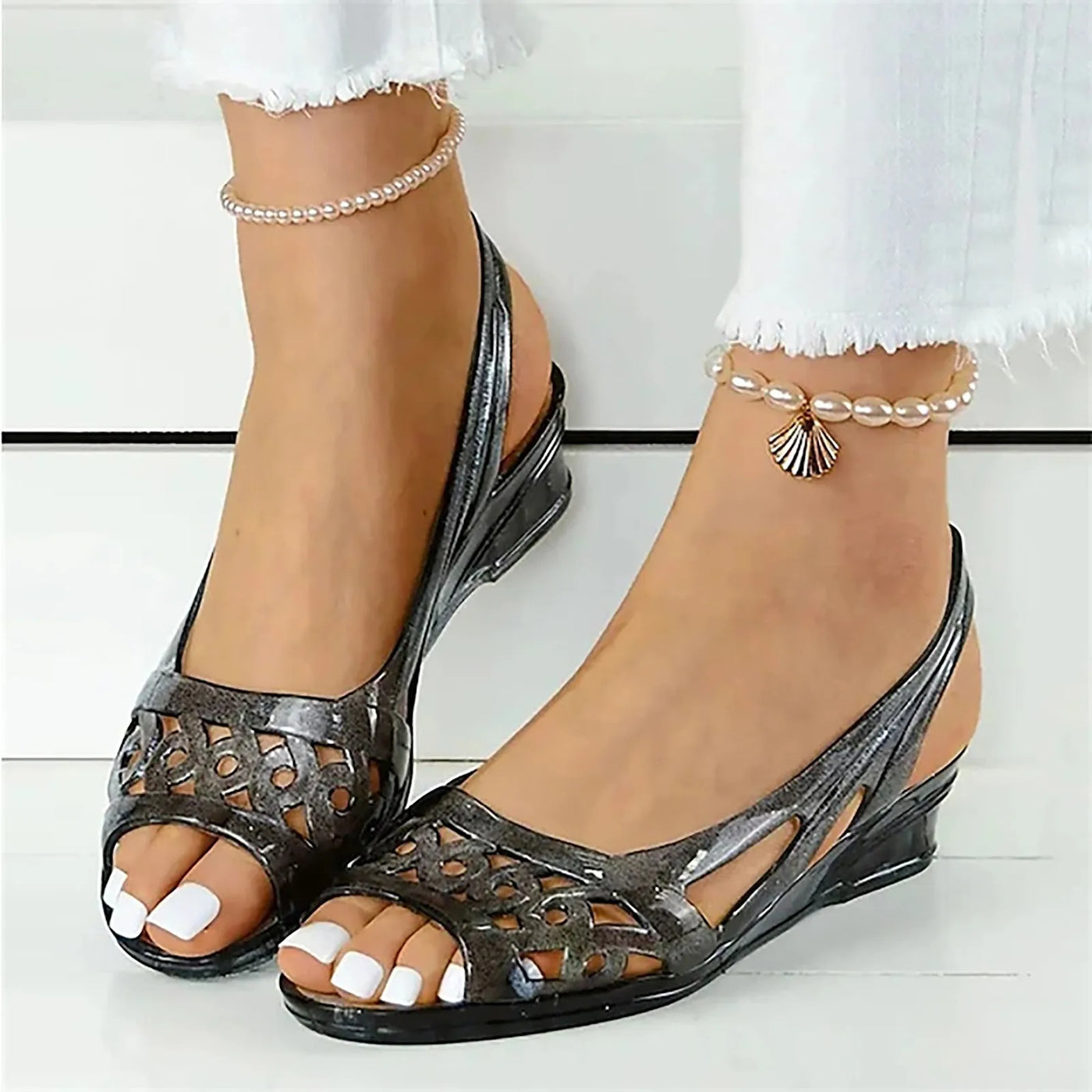 Crystal Wedge Heel Sandals - Fish Mouth, Peep Toe, Slip On