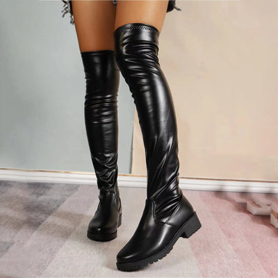Chunky Heel Over-the-Knee Boots - Solid Color, Leather, Thigh High