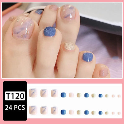 24 Pcs Short Square Press On Toenails - Blue/White Smudged, Gold Foil