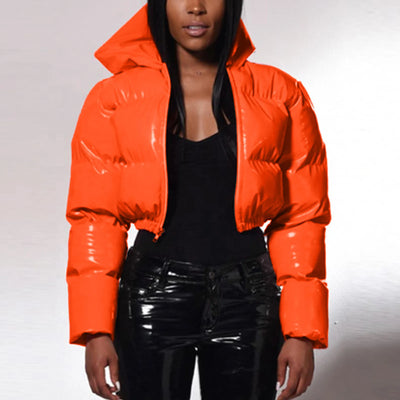 Cropped Puffer Jacket - Winter Warm, Hooded, Zipper