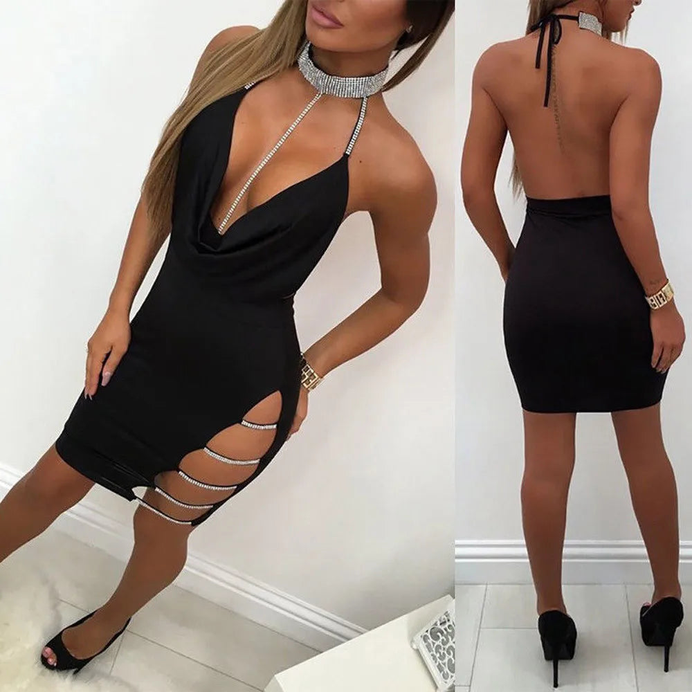Sequin Deep V-Neck Mini Dress - Slit, Choker, Backless