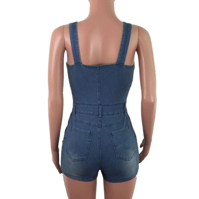 Sleeveless Denim Jumpsuit - Cropped, Casual Streetwear