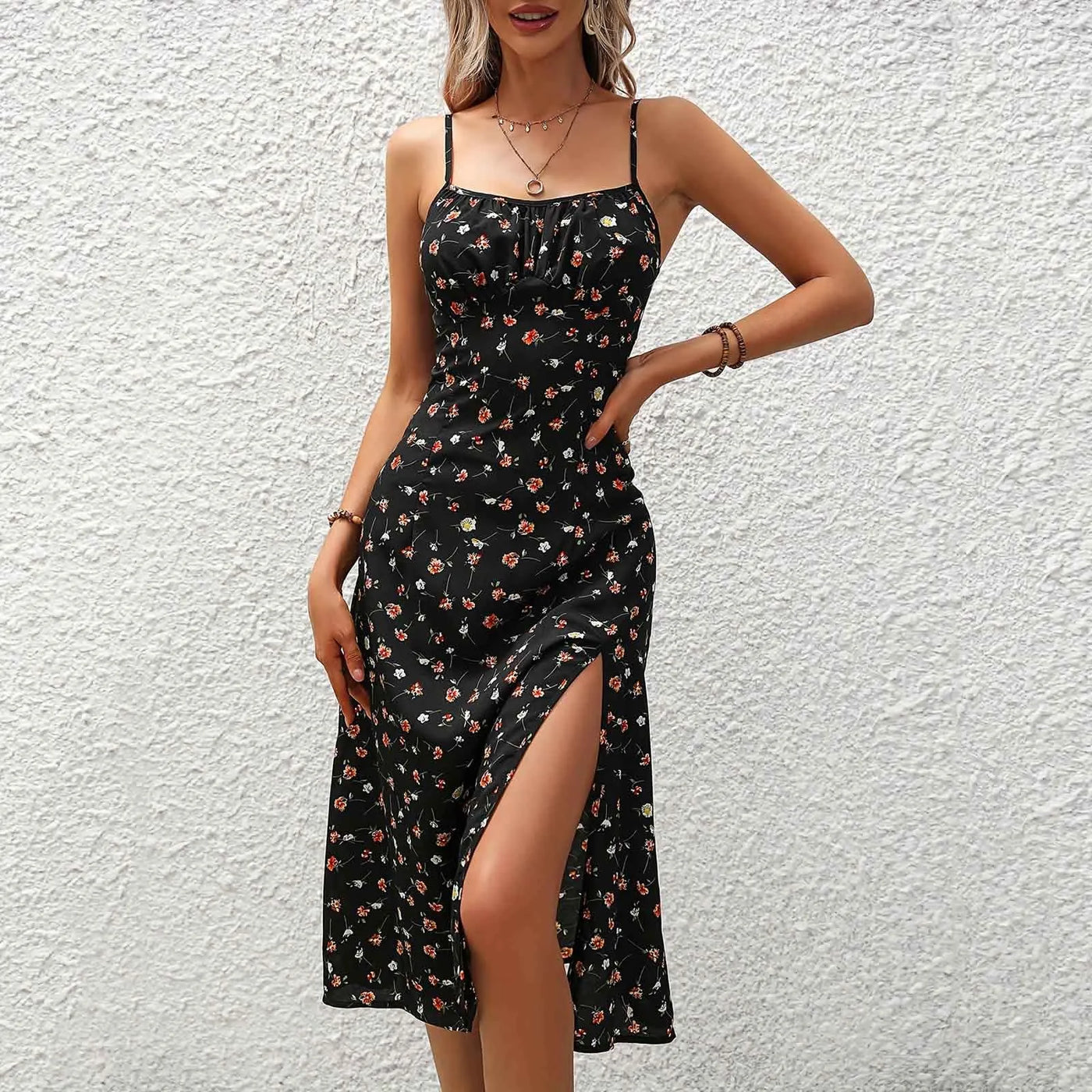 Polka Dot Floral Maxi Dress - Split, Suspender