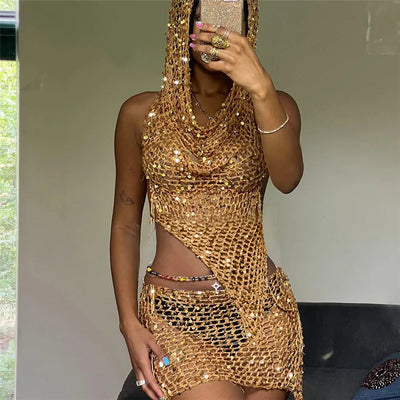 Crochet 2 Piece Set - Sequins, Hooded, Backless