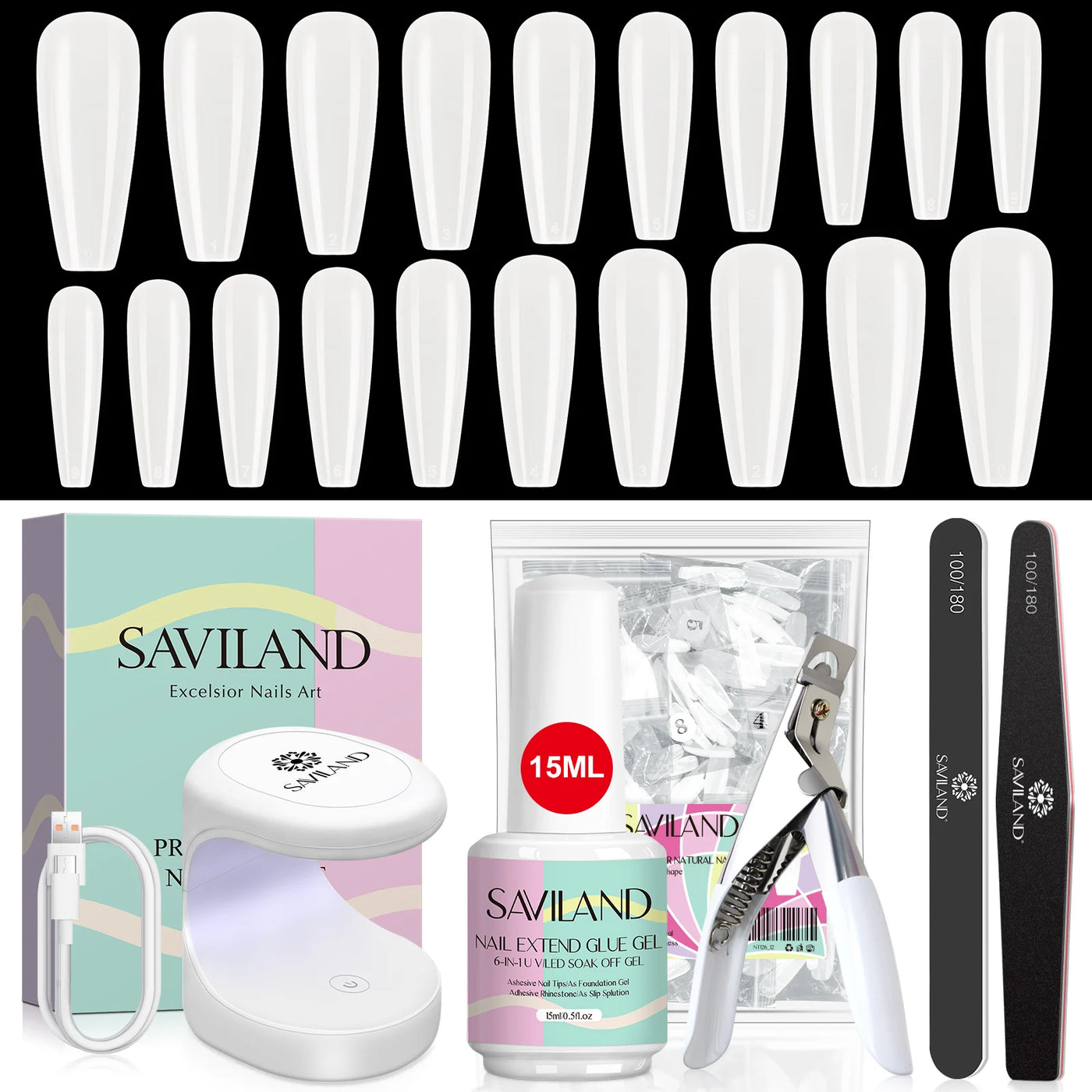 500pcs Gel X Nail Kit - Coffin & Almond Tips with UV Lamp