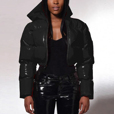 Cropped Puffer Jacket - Winter Warm, Hooded, Zipper