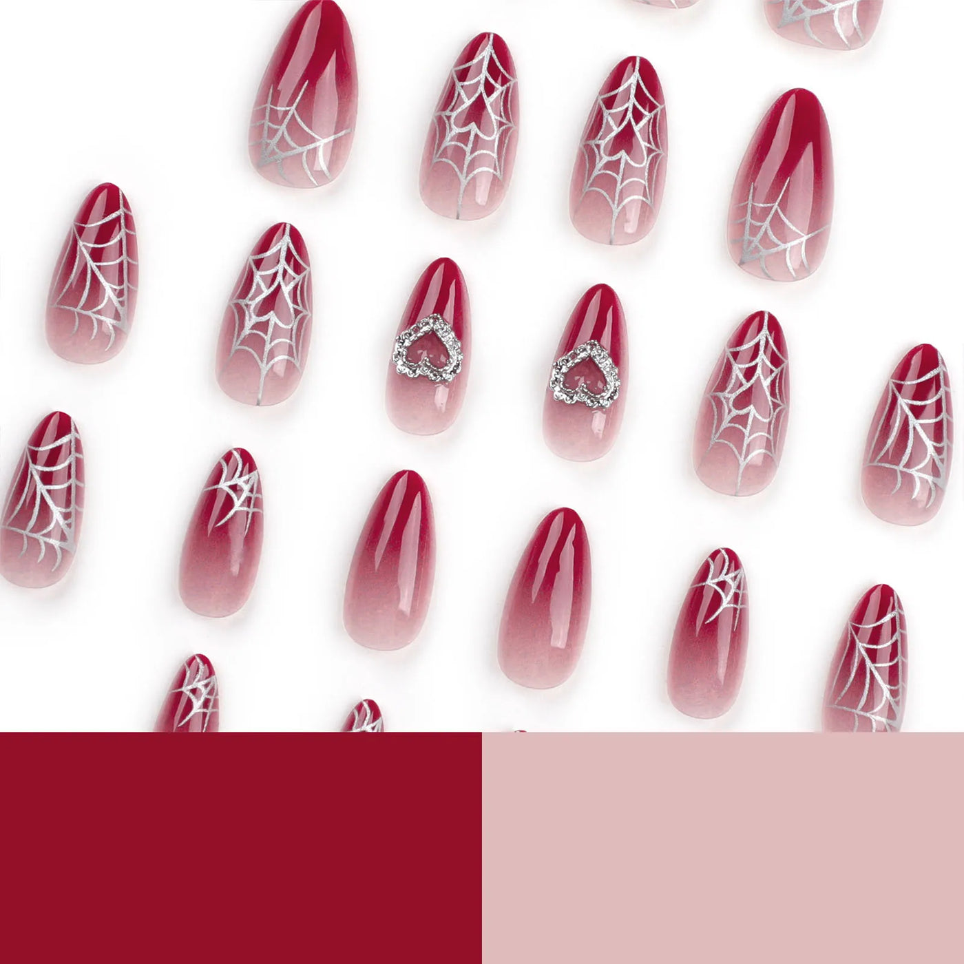 Almond Red Press-On Nails - Silver Spiderweb & Heart