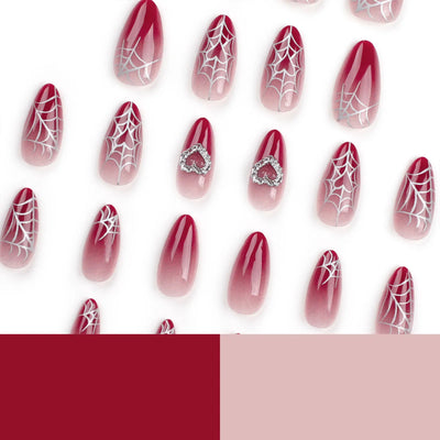 Almond Red Press-On Nails - Silver Spiderweb & Heart
