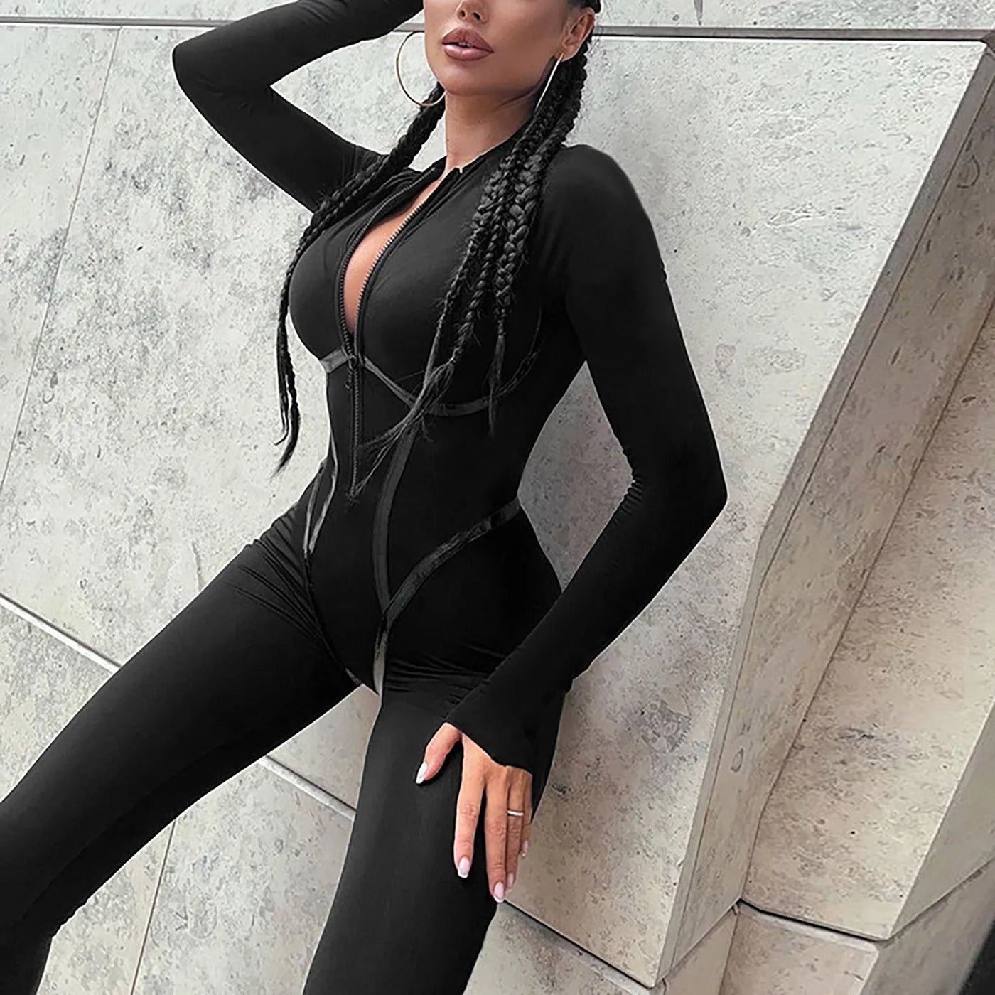 Bright Leather Splicing Jumpsuit - Long Sleeve, Zip, Sporty