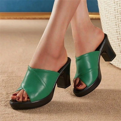 Green & Black Platform Wedge Sandals - Peep Toe, High Heels
