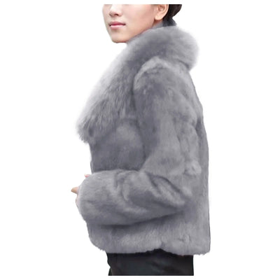 Elegant Faux Fur Coat - Long Sleeve, Turn-Down Neck, Winter Warm