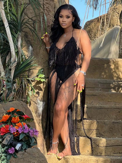 Knit Rib Tassel Romper - Fishnet Halter, Lace Up, See-Through