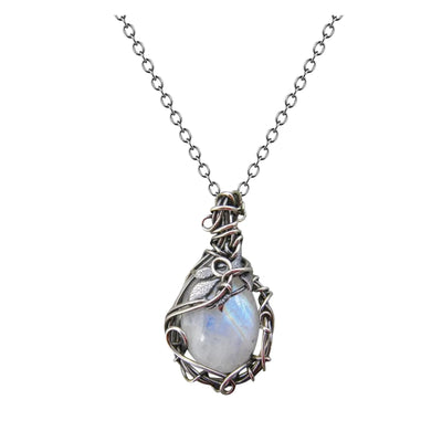 Moonstone Pendant Necklace - Boho, Geometric, Leaf/Rattan
