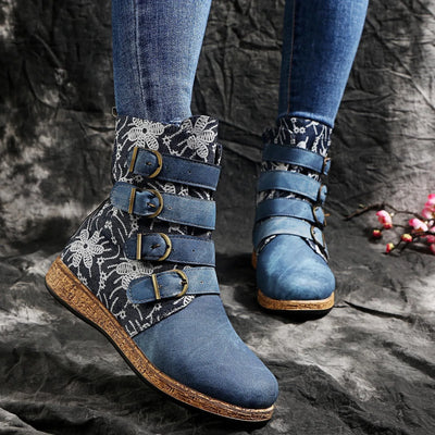 Flat Retro Round Toe Boots - Flower Embroidery, Zipper, French Style