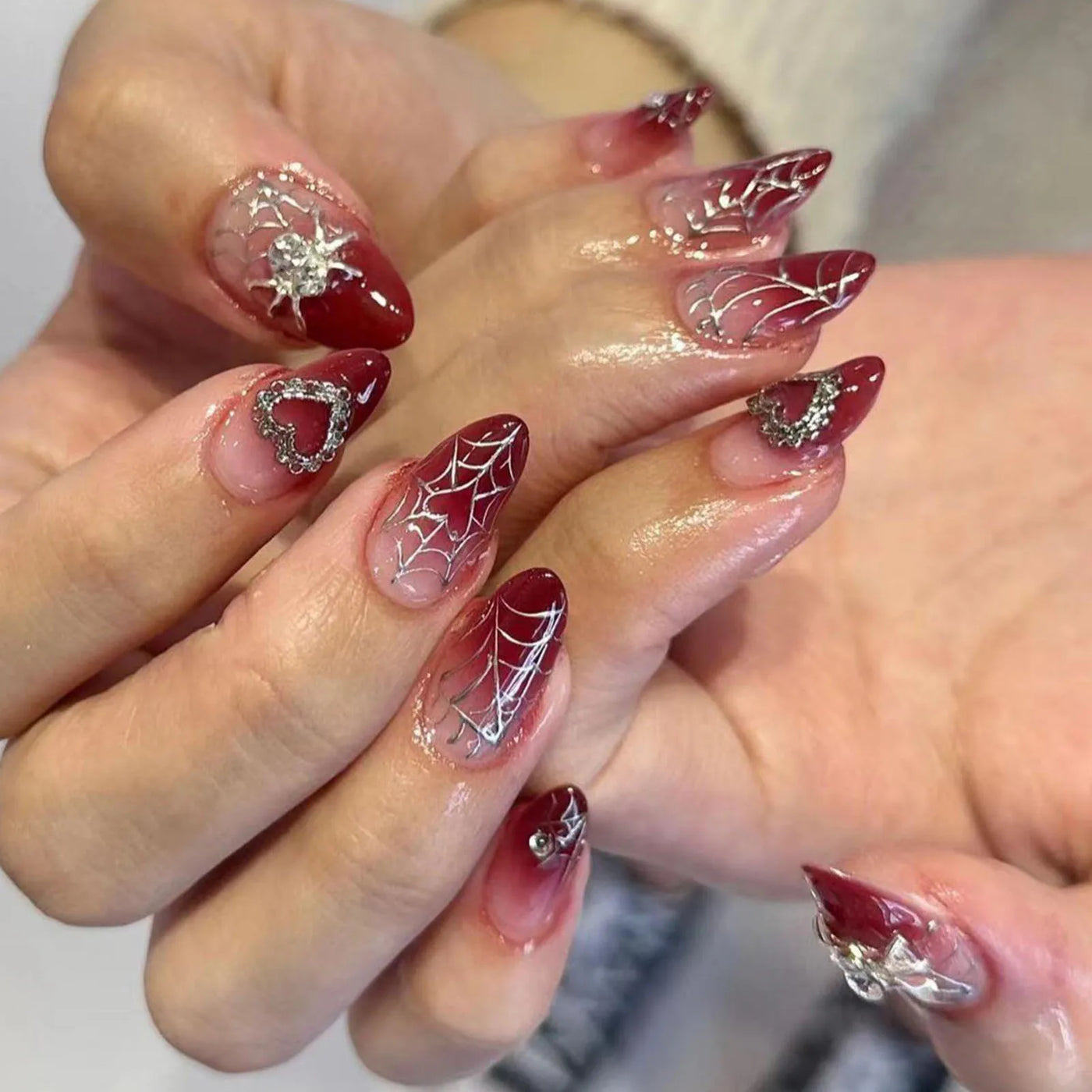 Almond Red Press-On Nails - Silver Spiderweb & Heart