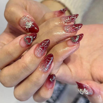Almond Red Press-On Nails - Silver Spiderweb & Heart