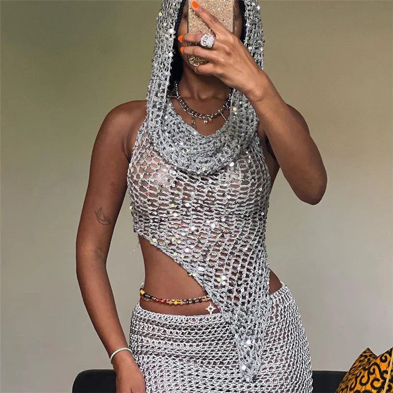 Crochet 2 Piece Set - Sequins, Hooded, Backless