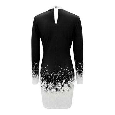 Snowflake Print Mini Dress - Long Sleeve, Round Neck, Elegant