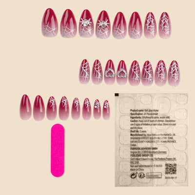 Almond Red Press-On Nails - Silver Spiderweb & Heart
