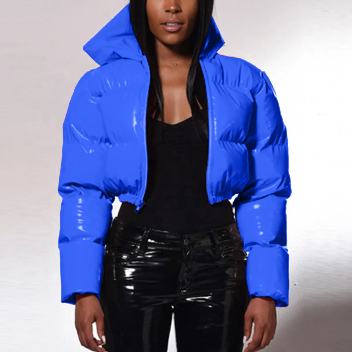 Cropped Puffer Jacket - Winter Warm, Hooded, Zipper