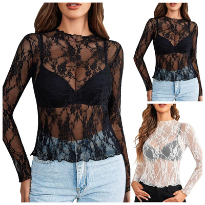 Long Sleeve Lace Tops - Sheer Mesh, Floral Embroidery